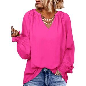 Women Hot Pink Color Smocked Long Sleeve V Neck Casual Chiffon Shirt Top